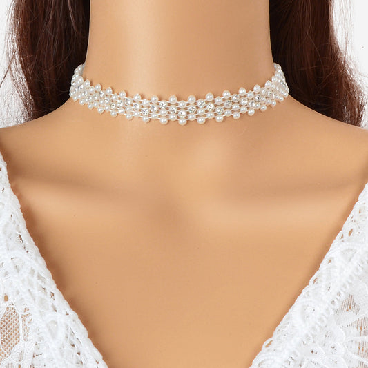 Retro Imitation Pearl Rhinestone Multi-layer Chain Hollow Short Choker Necklace-0