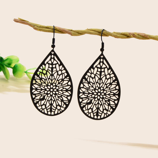 Vintage Black Flower Pattern Hollow Water Drop Earrings Trendy Women Accessories-0