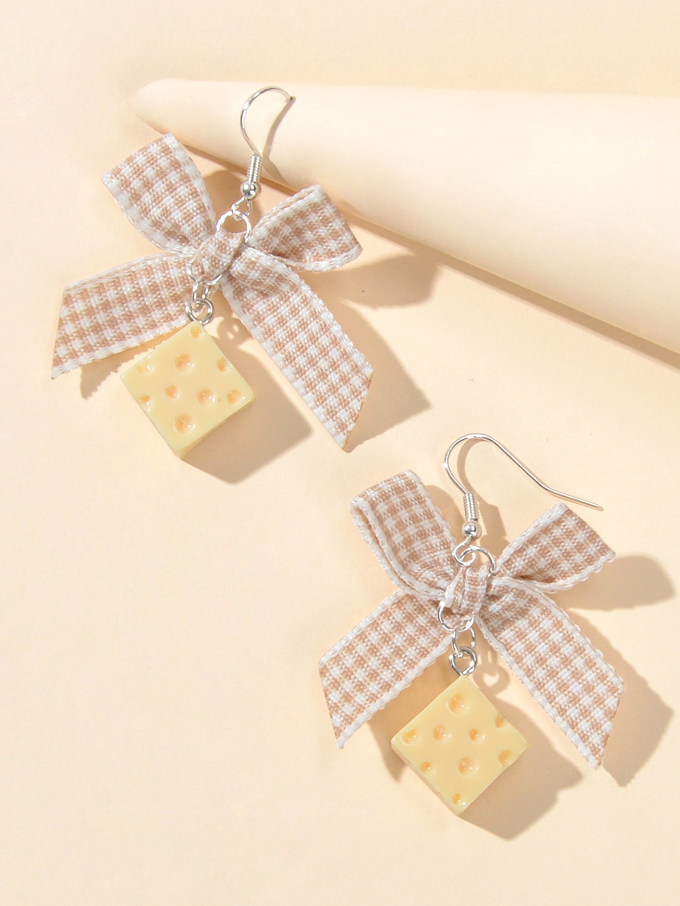 Sweet Beige Lattice Ribbon Bowknot Cheese Charm Dangling Elements Hook Earrings-0