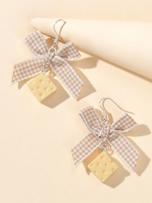 Sweet Beige Lattice Ribbon Bowknot Cheese Charm Dangling Elements Hook Earrings-0