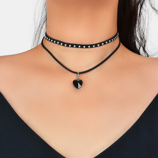 Halloween Cosplay Jewellery 90s Gothic Layered Black Choker Heart Charm Necklace-0