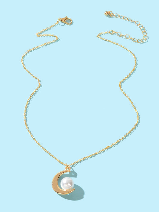 Elegant Imitation Pearl Decor Gold Chain Moon Pendant Necklace Dinner Jewellery-1
