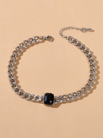 Cool Women Accessories Black Acrylic Crude Silver Metal Link Chain Bracelet Gift-1