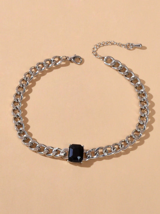 Cool Women Accessories Black Acrylic Crude Silver Metal Link Chain Bracelet Gift-1