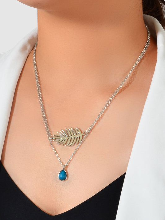 Trendy Double layer Silver Chain Leaf Charm Blue Bead Water Drop Charm Necklace-0