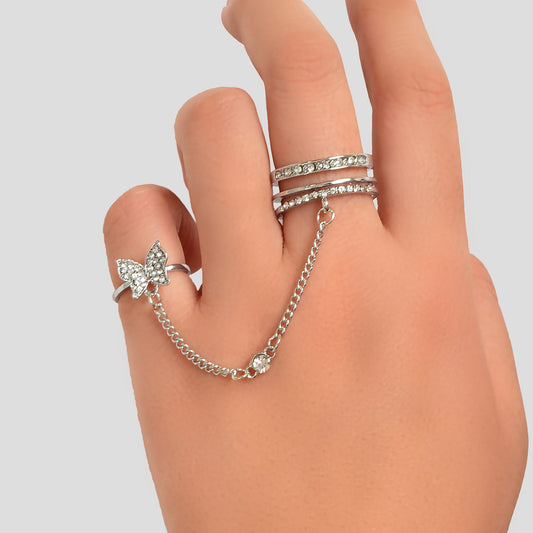 Personality Rhinestone Silver Butterfly Double Fingers Ring with Chain Ear Cuff-0