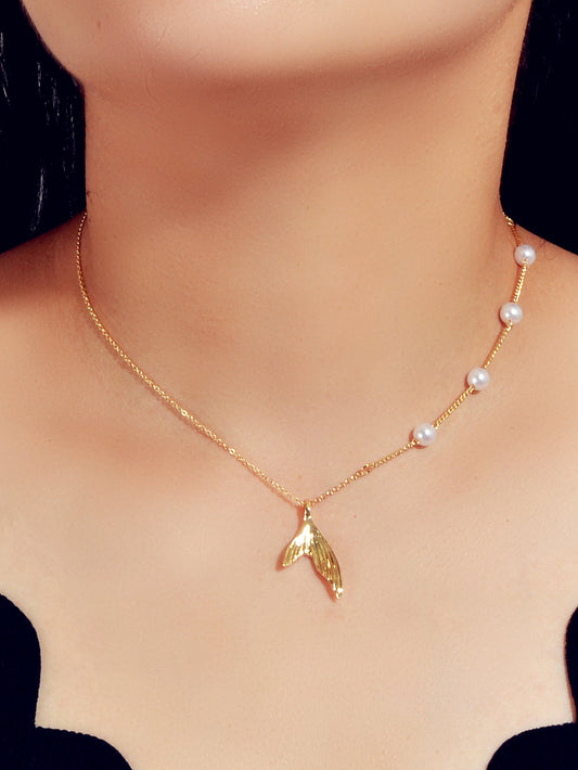 Designer Jewelry Gold Chain Pearl Mermaid Tail Pendant Clavicle Collar Necklace-0