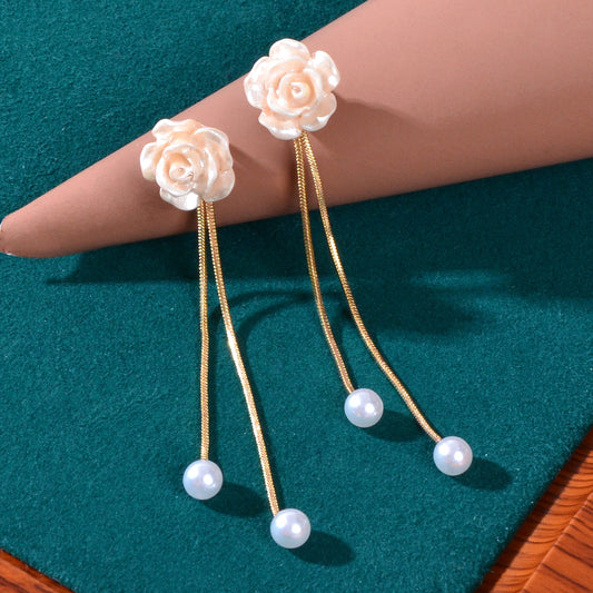 Romantic Resin Flower Pearl Charm Long Gold Chain Pendant Earrings Women Date-0