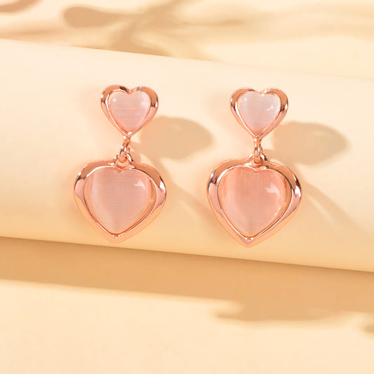 Girlfriend Birthday Gift Elegant Rose Gold Pink Opal Love Heart Dangle Earrings-0