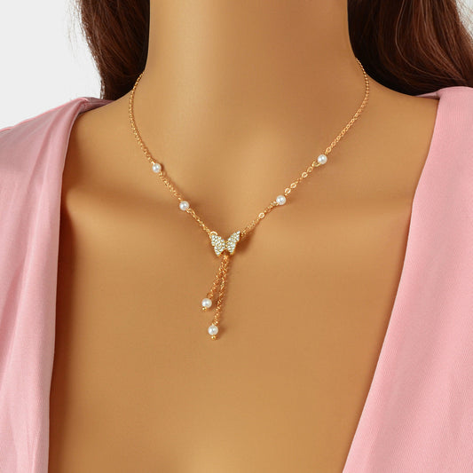 Personalized Gold Plated Dainty Buttefly Lariat Y-Shaped Necklace Pearl Jewelry-0