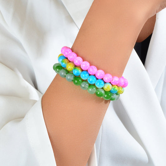 3 pcs Bohemian Ethnic Jewellery Multi-colored Elastic Beads Bangle Bracelets Set-0
