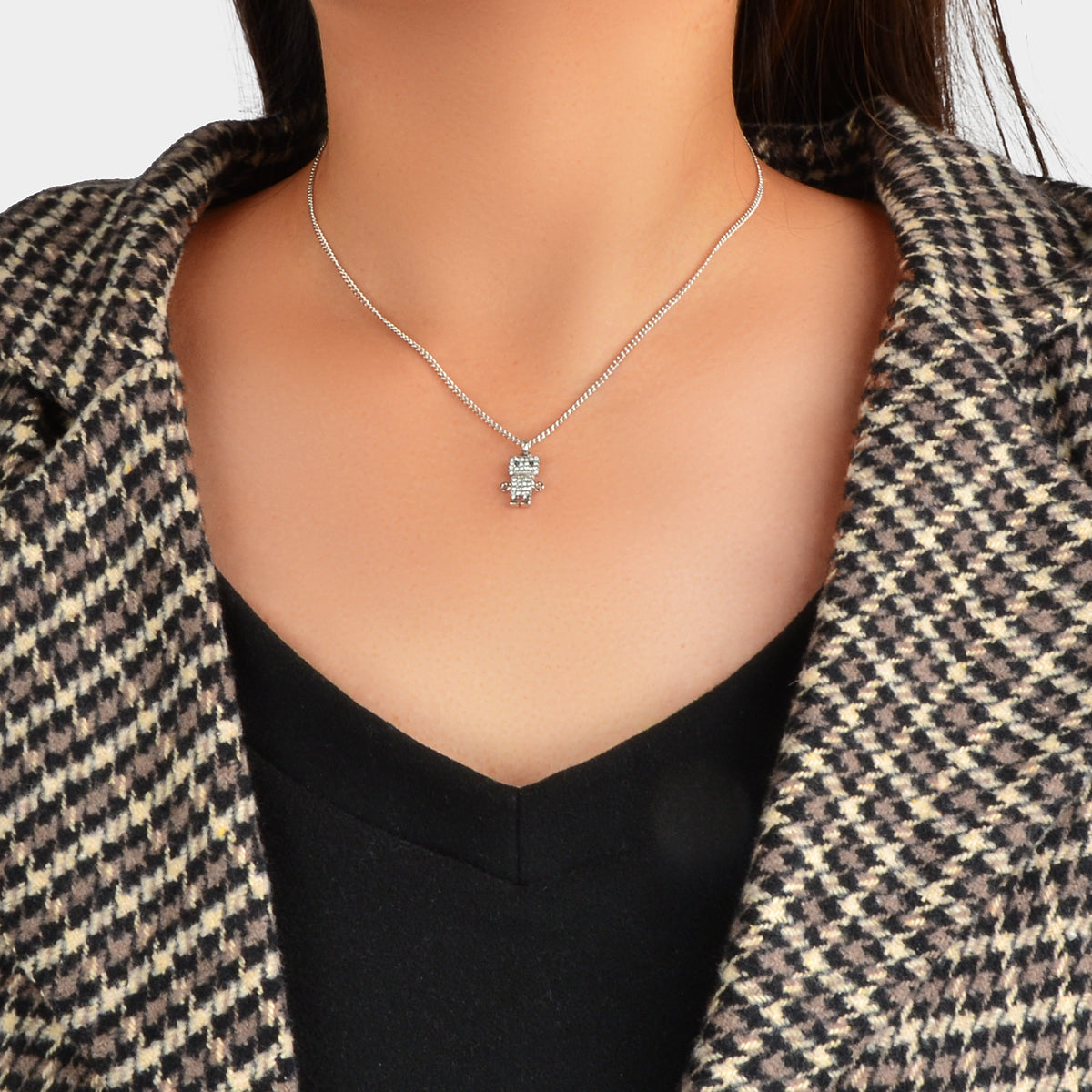 Personality Creative Silver Chain Rhinestone Decoration Robot Pendant Necklace-1