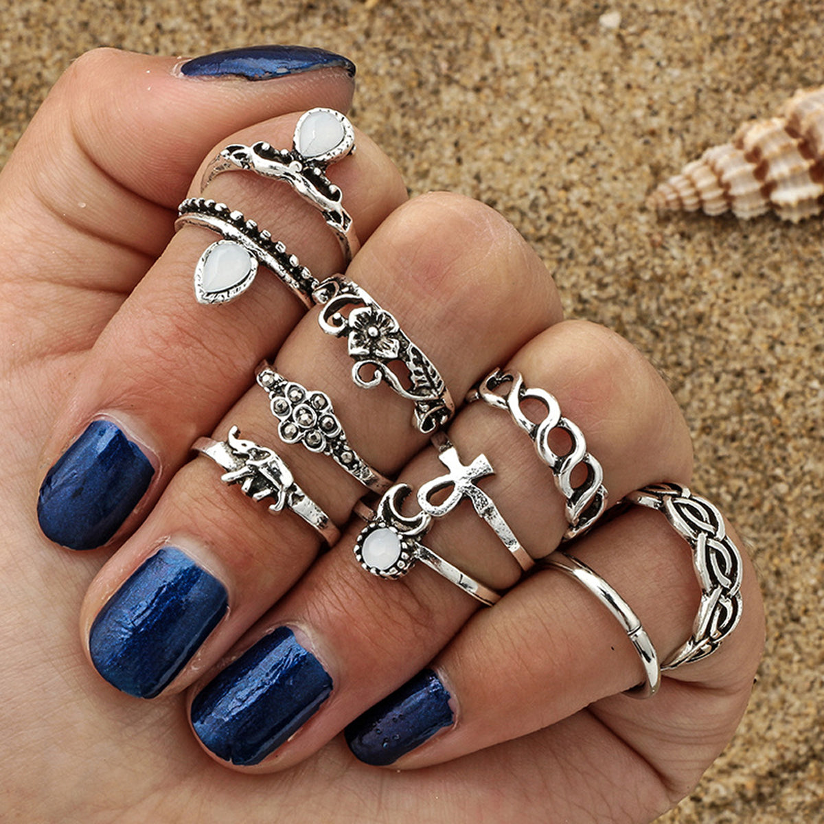 Stackable 10 pcs Tribal Ethnic Flower Elephant Vintage Multiple Finger Ring set-5