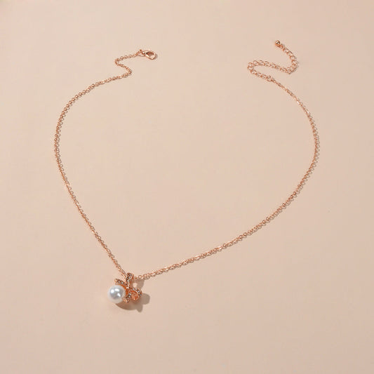 Anniversary Wedding Jewellery Rhinestone Rosegold Chain Pearl Bowknot Necklace-0