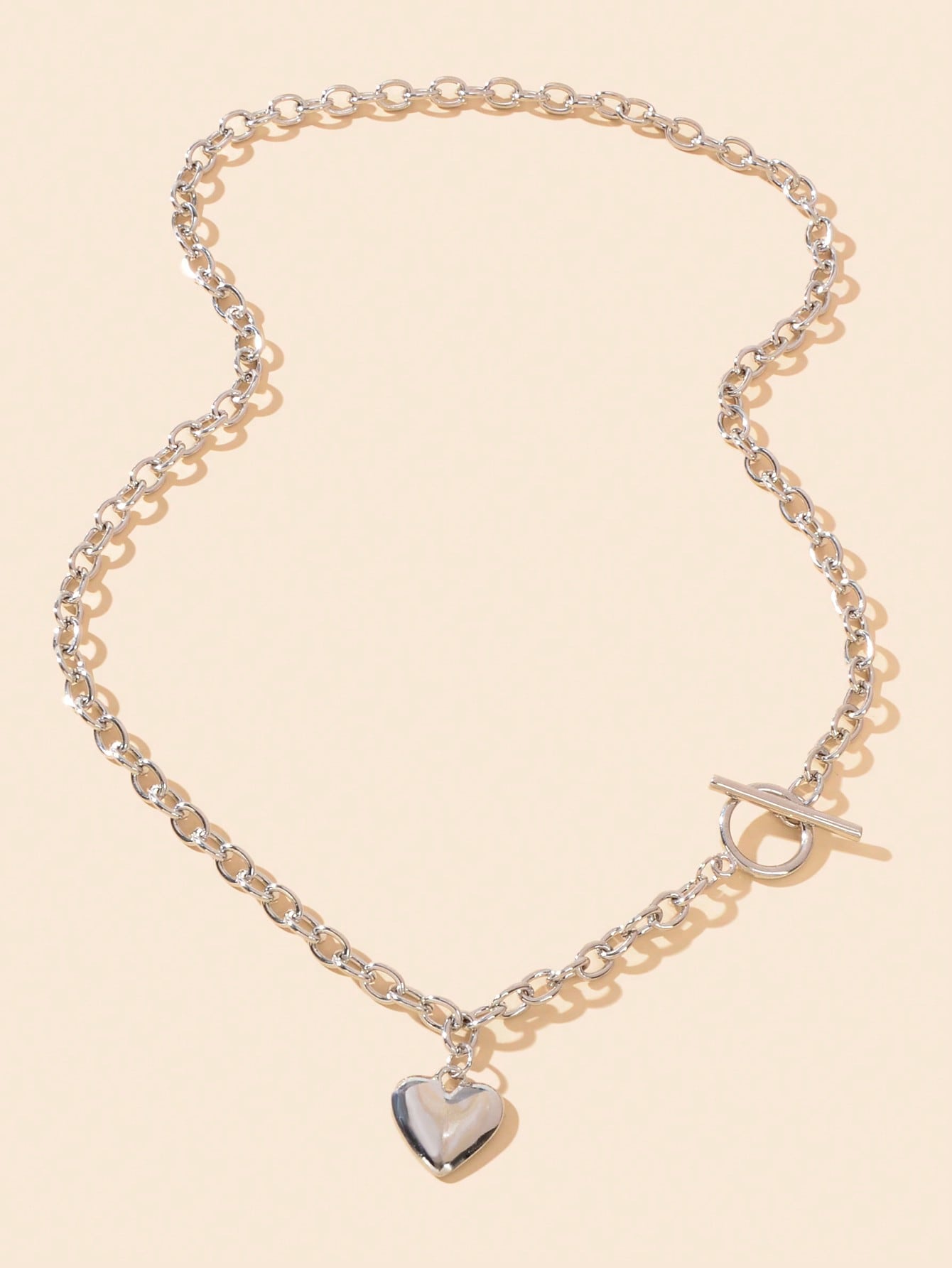 Silver Heart Pendant OT Clasp Necklace Elegant Statement Long Chain Jewelry-1