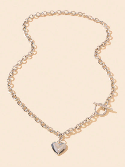 Silver Heart Pendant OT Clasp Necklace Elegant Statement Long Chain Jewelry-1