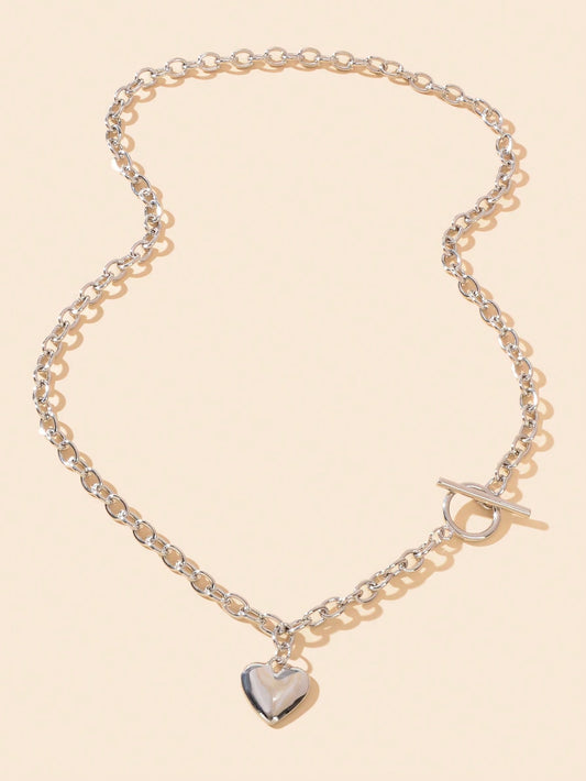 Silver Heart Pendant OT Clasp Necklace Elegant Statement Long Chain Jewelry-1