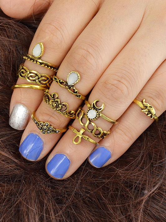 Stackable 10 pcs Tribal Ethnic Flower Elephant Vintage Multiple Finger Ring set-0
