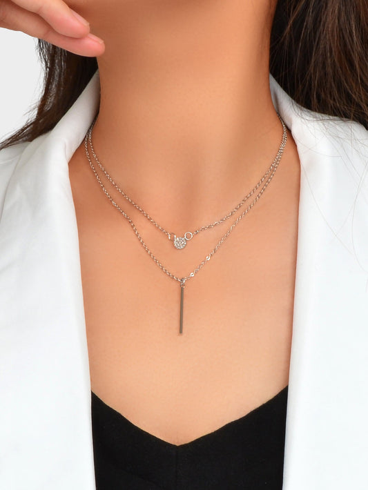 Female Jewellery Rhinestone Double layer Silver Chain Round Bar Pendant Necklace-0