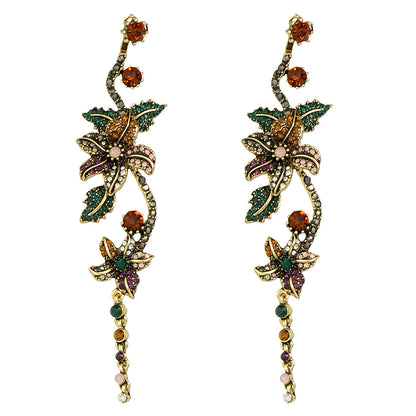 Vintage Luxurious Colourful Rhinestone Antique Gold Flower Long Pendant Earrings-0