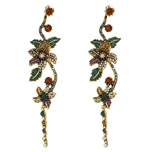 Vintage Luxurious Colourful Rhinestone Antique Gold Flower Long Pendant Earrings-0