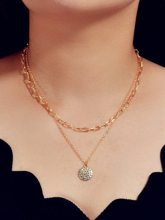 Female Jewellery Double layer Paperclip Gold Silver Chain Round Pendant Necklace-0