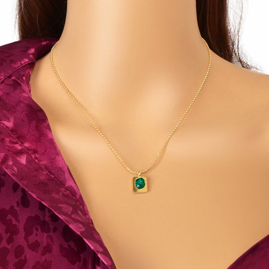 Trendy Gold Popcorn Chain Dainty Green Imitation Gem Square Pendant Necklace-0