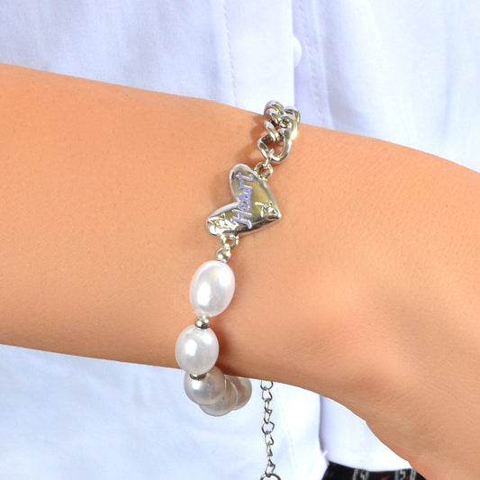 Retro Silver Pearl Beads Chain Letter Love Heart Charm Bracelet Textured Jewelry-0