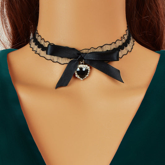 Retro Black Bow Heart Charm Elastic Lace Choker Collar Necklace Dinner Jewellery-0