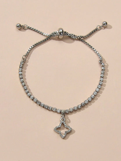 Luxury Full Rhinestone Shining Flower Charm Classic Tennis Adjustable Bracelet-0