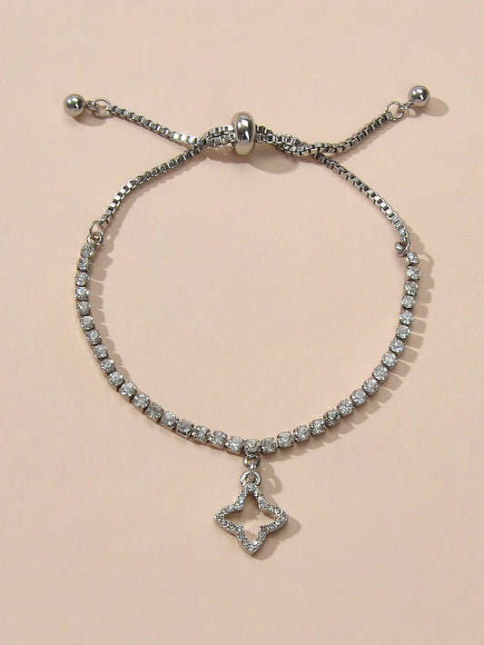 Luxury Full Rhinestone Shining Flower Charm Classic Tennis Adjustable Bracelet-0