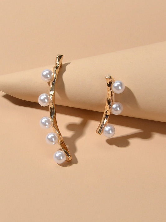 Anniversary Jewellery Pearl Decor Gold Strip Asymmetric Pierced Stud Earrings-0