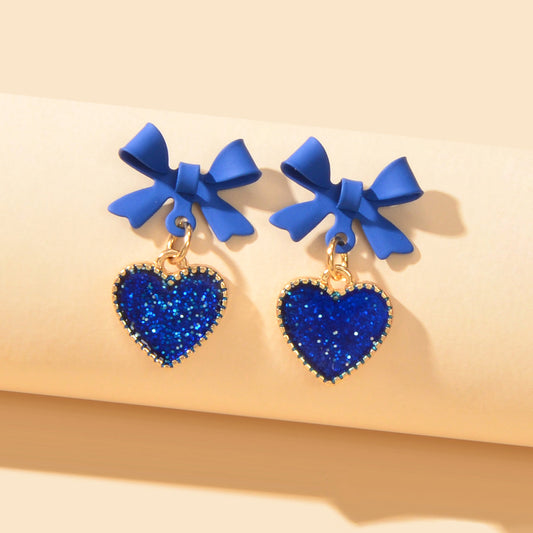 Romantic Blue Bow Heart Dangle Earrings Valentine's Day Love Girl Gift Jewellery-0