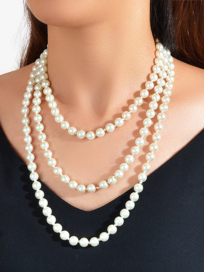 Luxurious Triple Layered White Pearl Statement Necklace Elegant Chunky Necklace-1