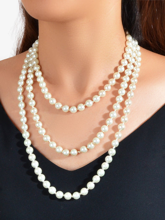 Luxurious Triple Layered White Pearl Statement Necklace Elegant Chunky Necklace-1