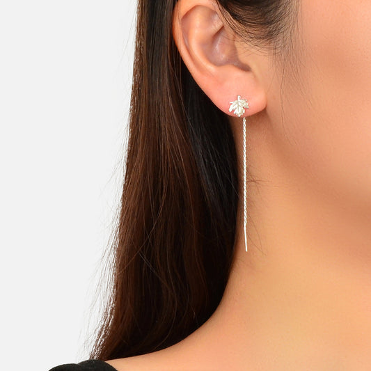 Minimalist Silver Tassel Maple Leaf Long Chain Threader Dangle Earrings Ear Line-0