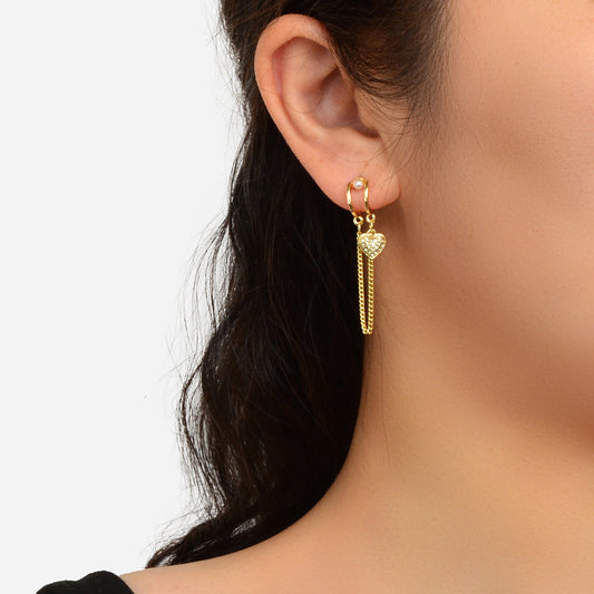 Unique Cubic Zirconia Hypoallergenic Gold Tassel Chain Heart Piercing Earrings-0