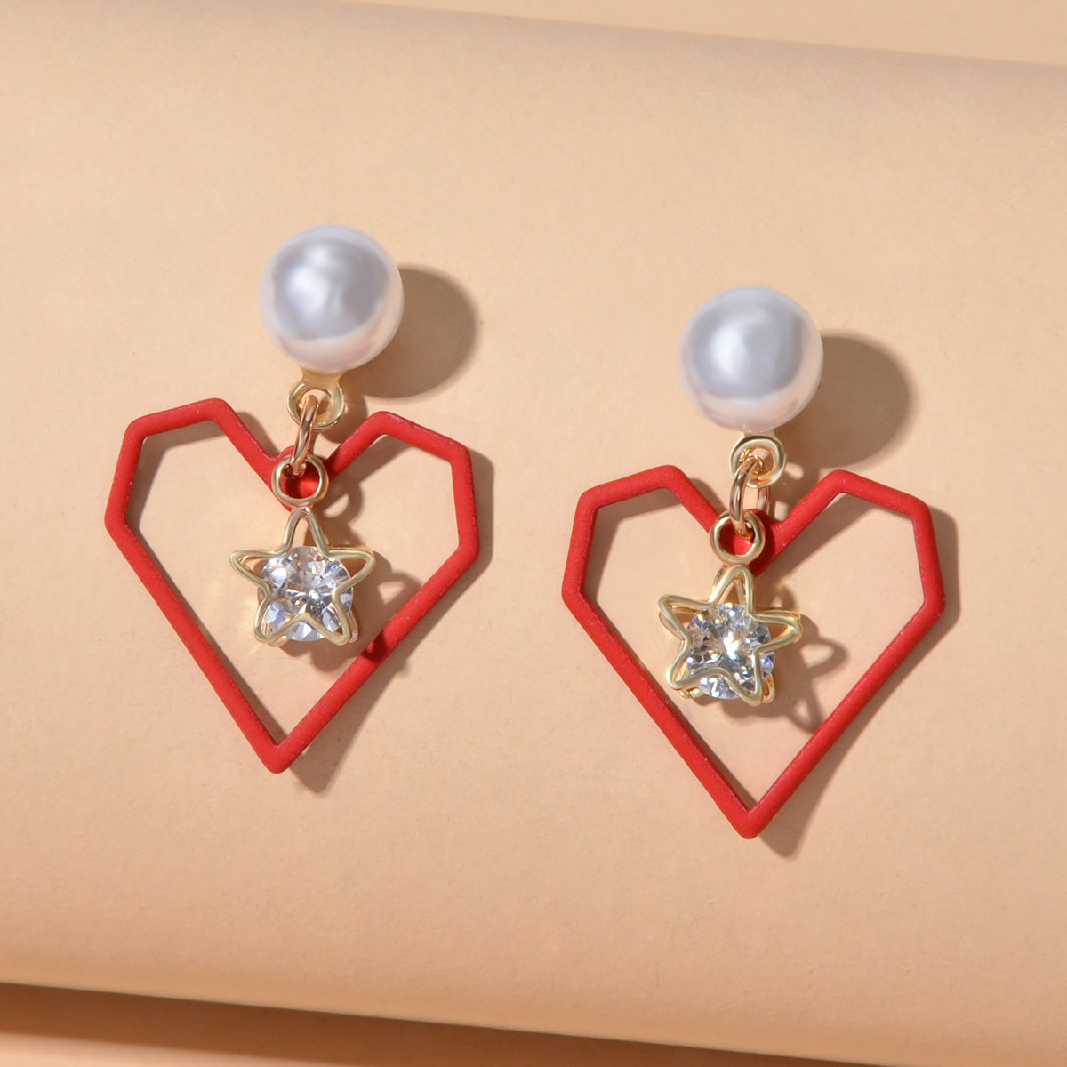 Love Gift for Women Girls Rhinestone Pearl Decor Gold Star Heart Dangle Earrings-4