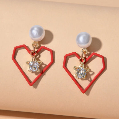 Love Gift for Women Girls Rhinestone Pearl Decor Gold Star Heart Dangle Earrings-4