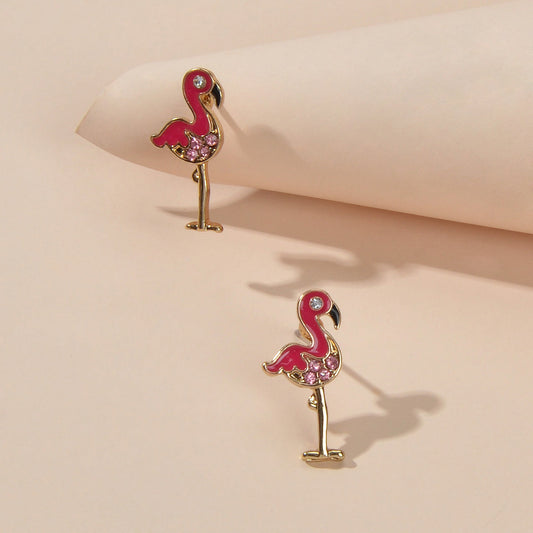 Pink Rhinestone Enamel Flamingo Bird Stud Earrings Sensitive Ears Dainty Gift-0