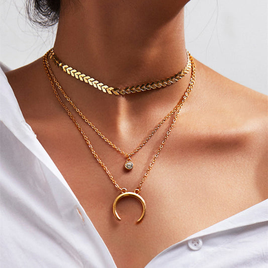 Boho Chic Jewelry Multi-layer Gold Silver Chain Rhinestone Horns Charm Necklace-0