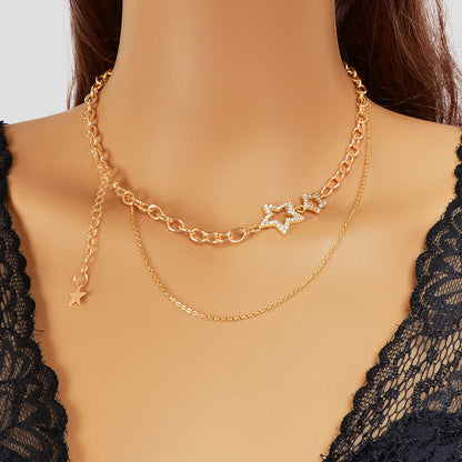 Designer Style Rhinestone Decor Gold Layered Chain Star Charm Clavicle Necklace-4