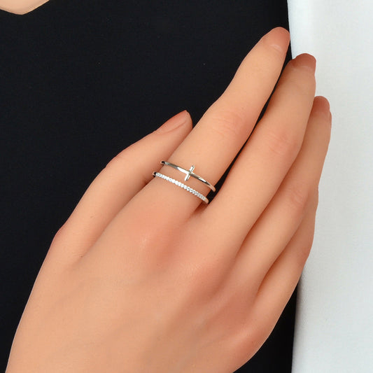 Designer Stylish Rhinestone Decor Silver Hollow out Cross Open Cuff Finger Ring-1
