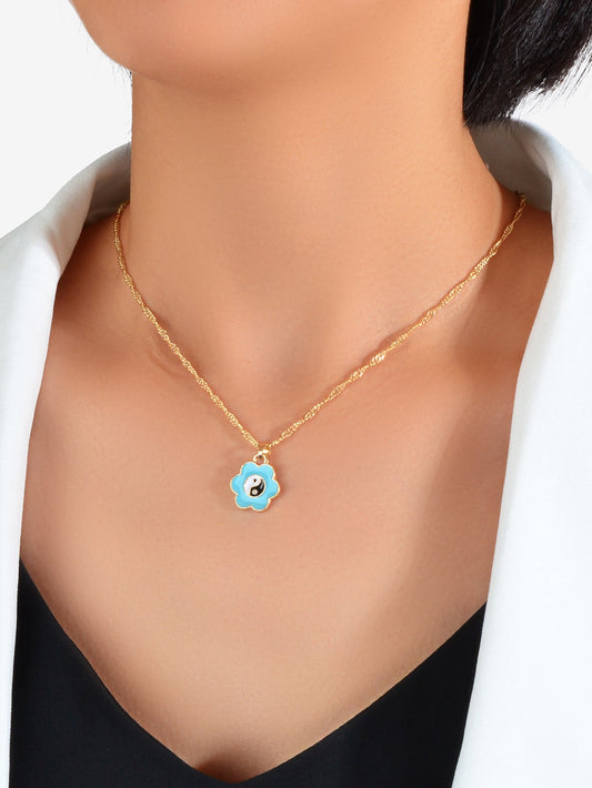 Dainty Gold Chain Yin Yang Tai Chi Blue Flower Charm Best Friends Necklace Gift-0