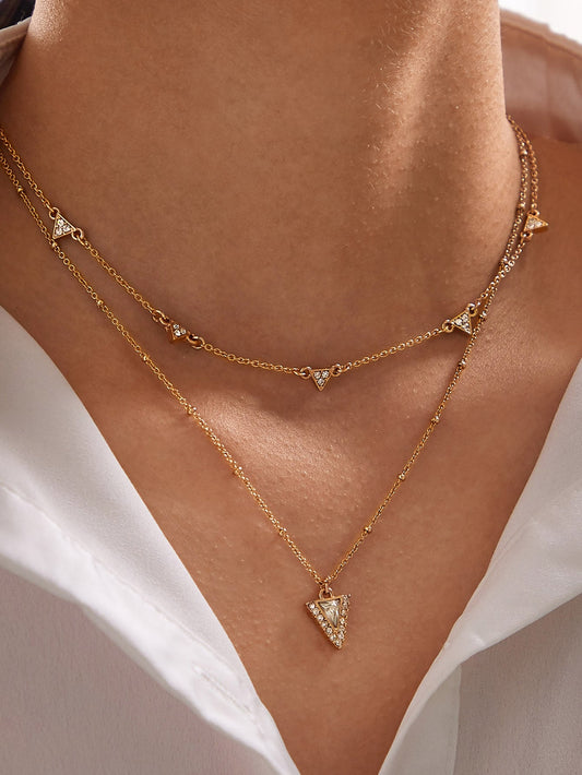 Ladies Jewellery Double layer Gold Chain Rhinestone Triangle Charm Necklace Gift-0