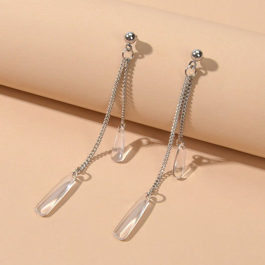 Long Silver Chain Acrylic Water Drop Pendant Earrings Ladies Party Jewellery-0
