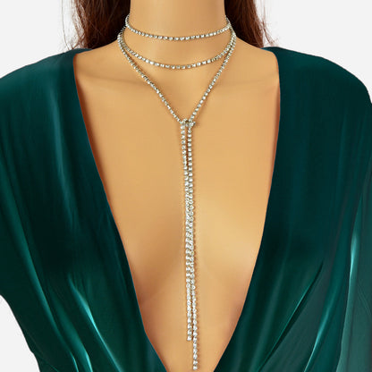 Luxury Multilayered Silver Chain Tassel Full Rhinestone Long Y Style Necklace-0