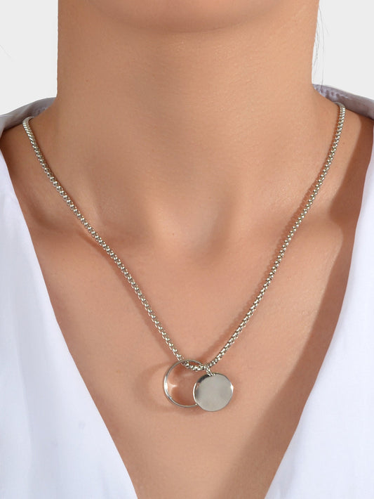 Female Jewellery Minimalist Silver Chain Collar Circle Disc Charm Rock Necklace-0