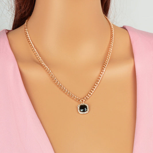 Exquisite Gold Chain Rhinestone Decor Black Square Pendant Women Dinner Necklace-0
