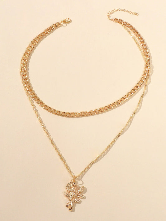Female Jewelry Double layer Gold Chain Flower Pendant Necklace Women Accessories-1
